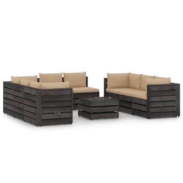 vidaXL Salon de jardin 9 pcs avec coussins Bois impr&eacute;gn&eacute; de gris