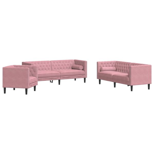 vidaXL Ensemble de canap&eacute; Chesterfield et traversins 3pcs rose velours