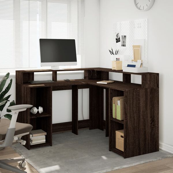 vidaXL Bureau et lumières LED chêne marron bois d'ingénierie
