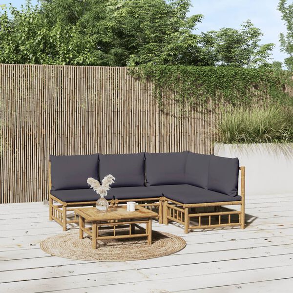 vidaXL Salon de jardin 5 pcs avec coussins gris fonc&eacute; bambou