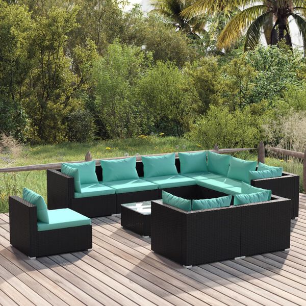 vidaXL Salon de jardin 10 pcs avec coussins R&eacute;sine tress&eacute;e Noir