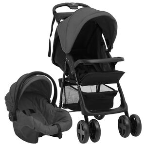 vidaXL Poussette pour b&eacute;b&eacute; 3-en-1 Gris fonc&eacute; et noir Acier