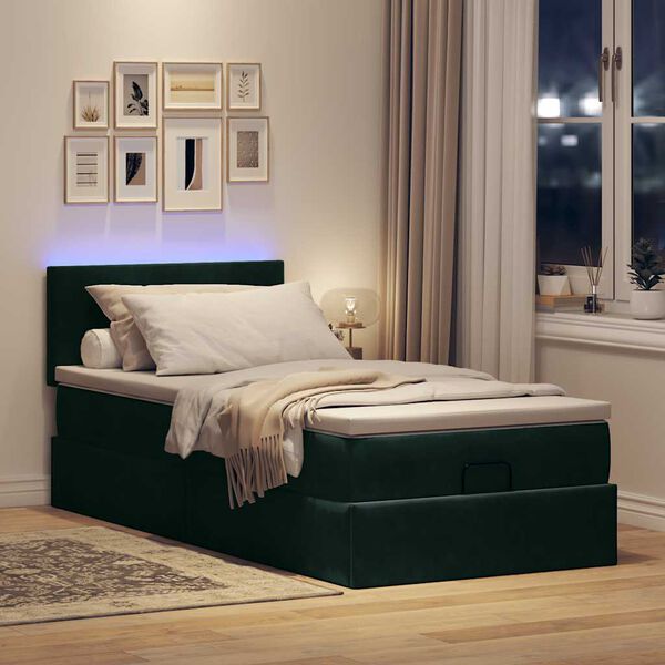 vidaXL Lit ottoman avec matelas et LED Vert fonc&eacute; 90x200cm velours