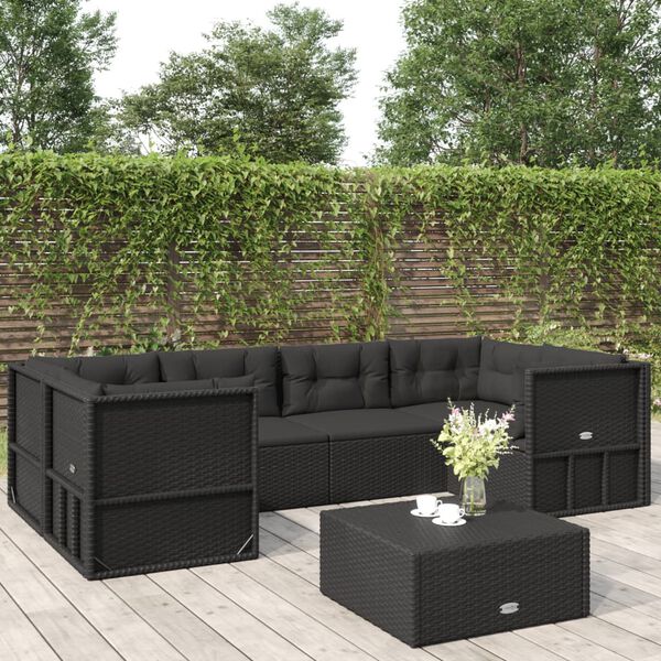 vidaXL Salon de jardin 6 pcs avec coussins Noir R&eacute;sine tress&eacute;e