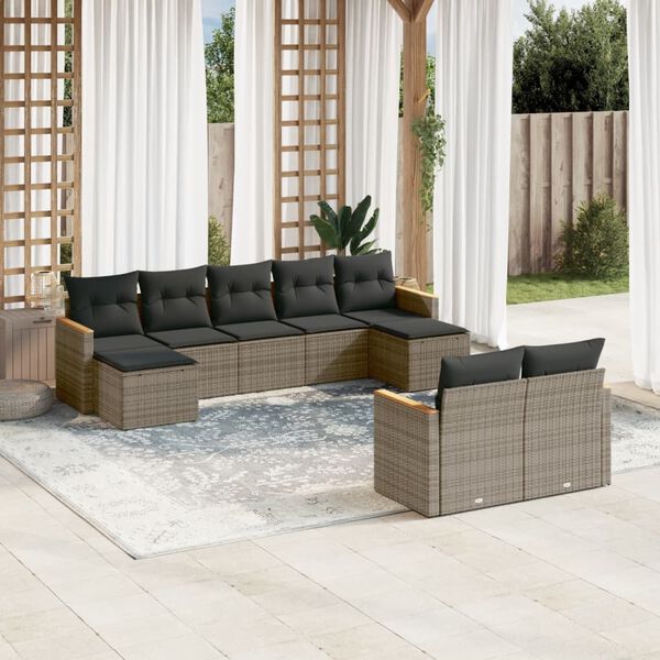 vidaXL Salon de jardin 9 pcs avec coussins gris résine tressée