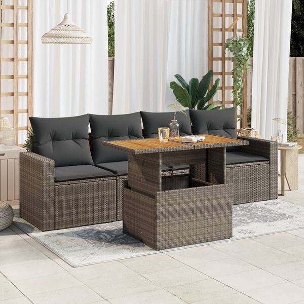 vidaXL Salon de jardin 5 pcs avec coussins gris résine tressée