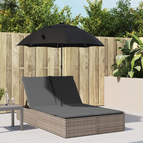vidaXL Chaise longue double et coussins et parasol gris r&eacute;sine tress&eacute;e