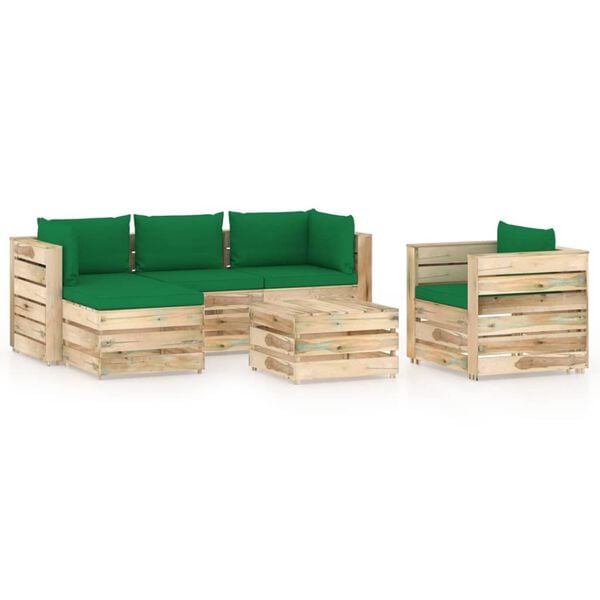 vidaXL Salon de jardin 6 pcs avec coussins Bois impr&eacute;gn&eacute; de vert