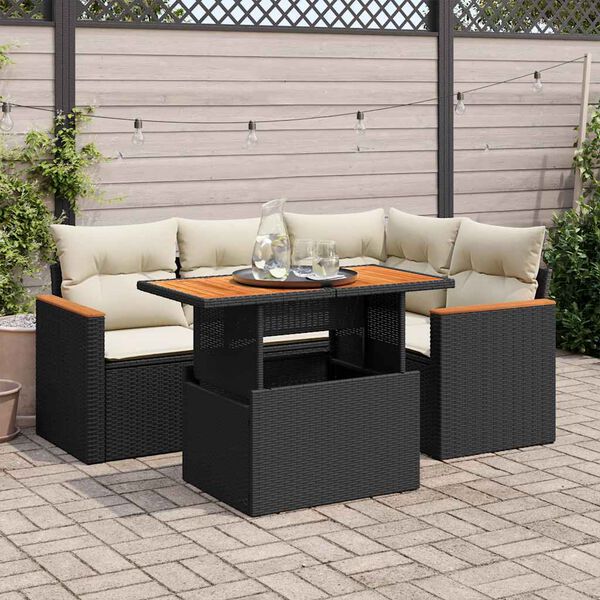 vidaXL Salon de jardin 5 pcs avec coussins noir r&eacute;sine tress&eacute;e acacia