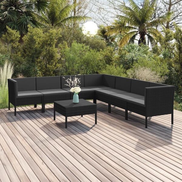 vidaXL Salon de jardin 8 pcs avec coussins r&eacute;sine tress&eacute;e noir