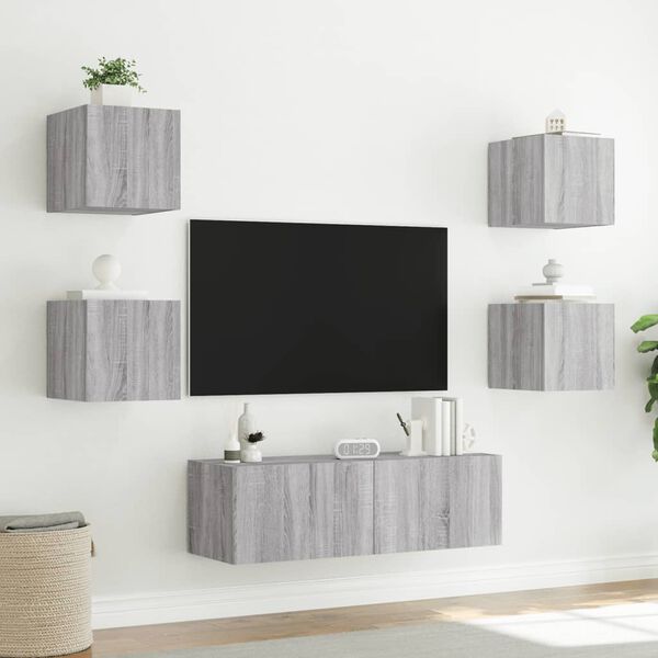 vidaXL Meuble TV muraux 5 pcs avec lumi&egrave;res LED sonoma gris