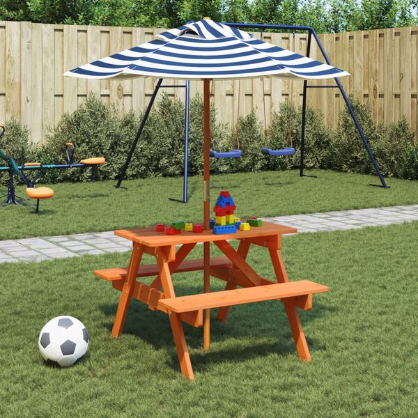 vidaXL Table de pique-nique pour 4 enfants avec parasol bois de sapin