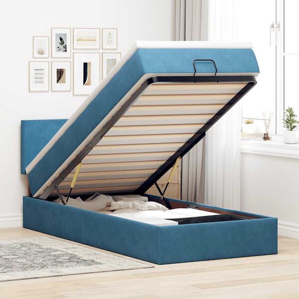 vidaXL Cadre de lit ottoman avec matelas bleu fonc&eacute; 90x190 cm velours