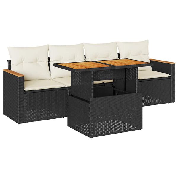 vidaXL Salon de jardin 5 pcs avec coussins noir résine tressée acacia