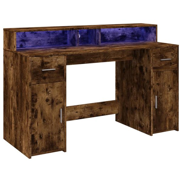 vidaXL Bureau et lumi&egrave;res LED ch&ecirc;ne fum&eacute; 140x55x91cm bois d'ing&eacute;nierie