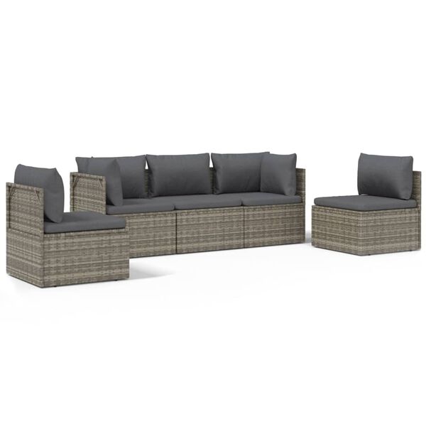 vidaXL Salon de jardin 5 pcs avec coussins Gris R&eacute;sine tress&eacute;e
