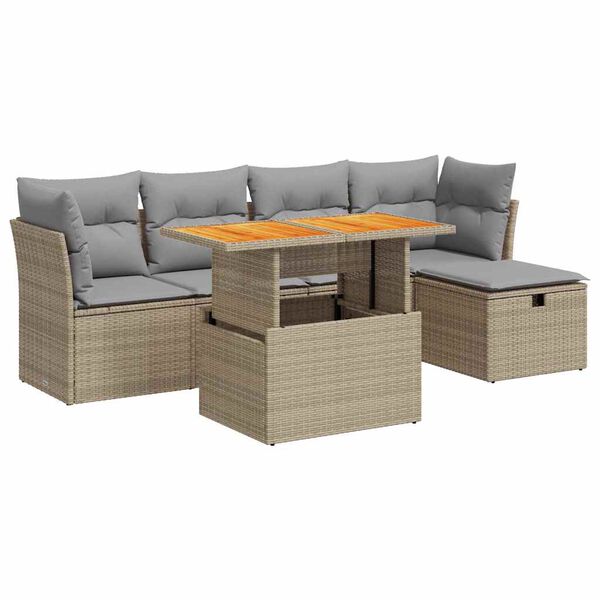 vidaXL Salon de jardin 6 pcs avec coussins beige r&eacute;sine tress&eacute;e acacia