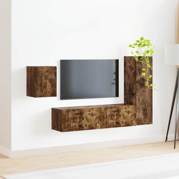 vidaXL Ensemble meuble TV 4 pcs Ch&ecirc;ne fum&eacute; Bois d'ing&eacute;nierie