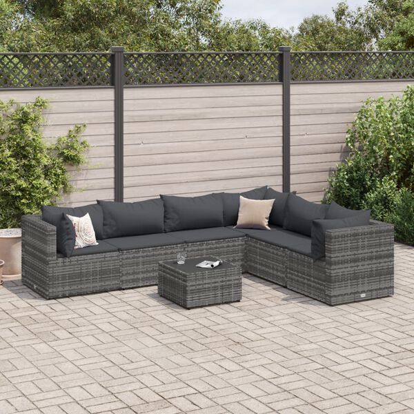 vidaXL Salon de jardin 7 pcs avec coussins Gris R&eacute;sine tress&eacute;e