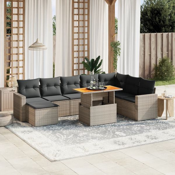 vidaXL Salon de jardin 9 pcs avec coussins gris r&eacute;sine tress&eacute;e