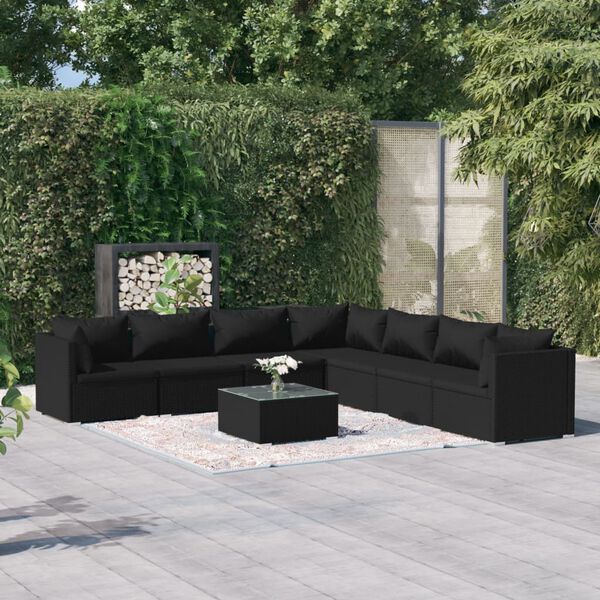 vidaXL Salon de jardin 8 pcs avec coussins R&eacute;sine tress&eacute;e Noir
