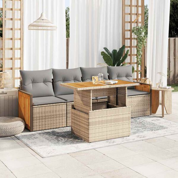 vidaXL Salon de jardin avec coussins 5 pcs beige r&eacute;sine tress&eacute;e acacia