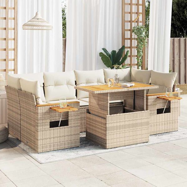 vidaXL Salon de jardin avec coussins 7 pcs beige r&eacute;sine tress&eacute;e acacia