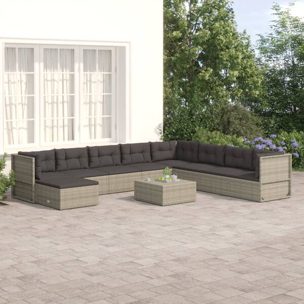 vidaXL Salon de jardin 9 pcs avec coussins Gris R&eacute;sine tress&eacute;e