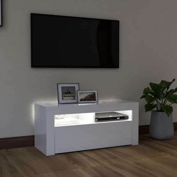vidaXL Meuble TV avec lumi&egrave;res LED blanc brillant 90x35x40 cm