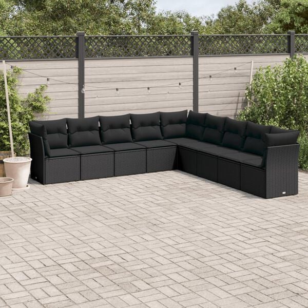 vidaXL Salon de jardin 9 pcs avec coussins noir r&eacute;sine tress&eacute;e