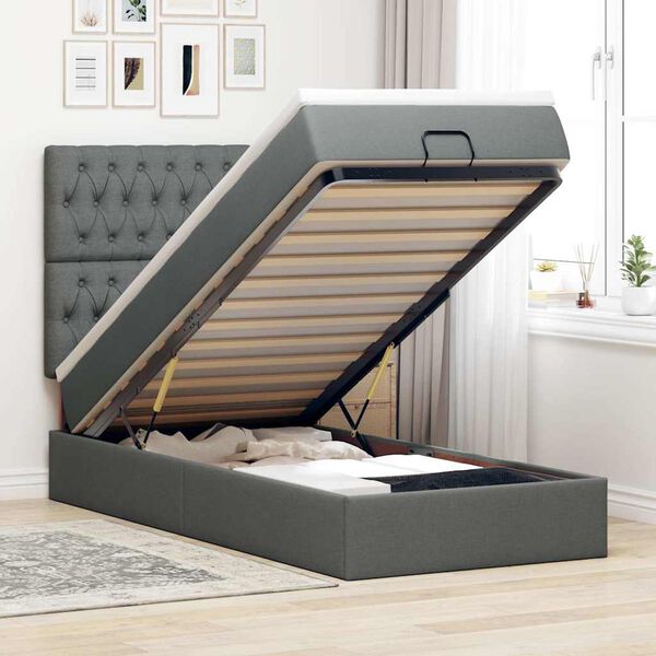 vidaXL Lit ottoman avec matelas et LED gris fonc&eacute; 90x200 cm tissu