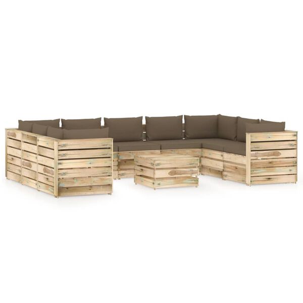 vidaXL Salon de jardin 10 pcs avec coussins Bois impr&eacute;gn&eacute; de vert