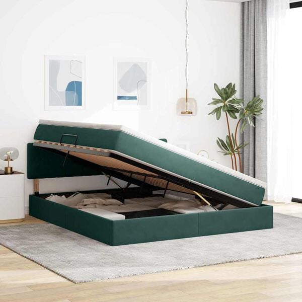 vidaXL Lit de Rangement avec matelas Vert fonc&eacute; 160 x 200 cm Velours