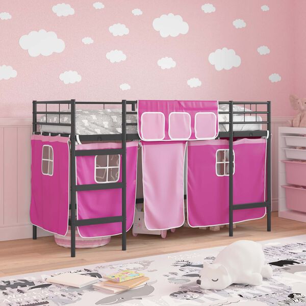 vidaXL Cadre de Lit Mezzanine pour Enfants avec Rideaux Noir et rose