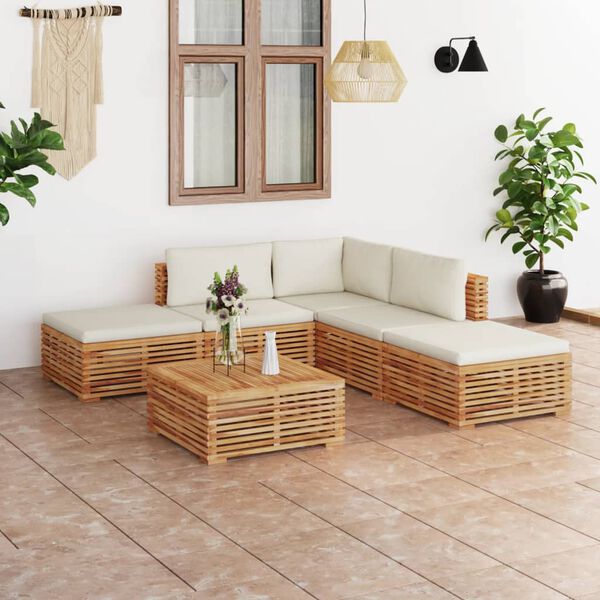 vidaXL Salon de jardin 6 pcs avec coussins cr&egrave;me bois de teck solide
