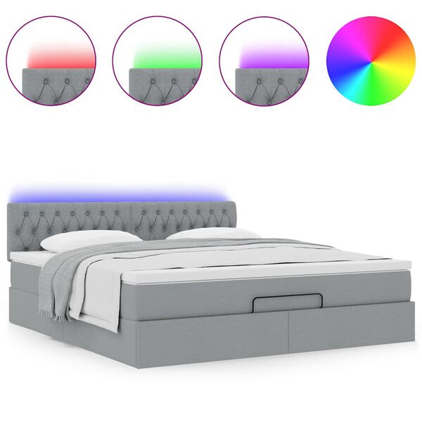 vidaXL Lit ottoman avec matelas et LED Gris clair 180x200 cm tissu