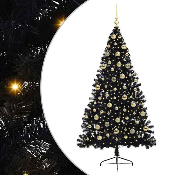 vidaXL Sapin de No&euml;l artificiel pr&eacute;-&eacute;clair&eacute; Noir 180 cm PVC