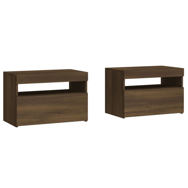 vidaXL Tables de chevet 2 pcs et lumi&egrave;res LED Ch&ecirc;ne marron 60x35x40 cm