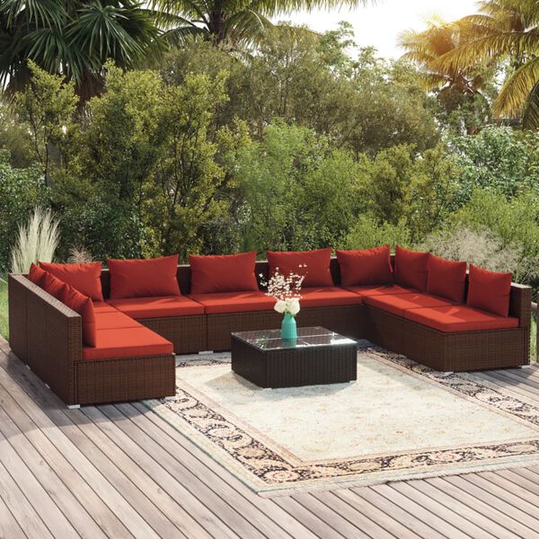 vidaXL Salon de jardin 10 pcs avec coussins Résine tressée Marron