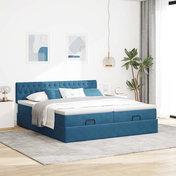 VidaXL Cadre de lit ottoman avec matelas bleu fonc&eacute; 180x200 cm velours