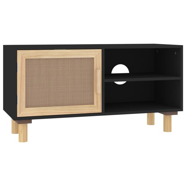 vidaXL Meuble TV Noir 80x30x40 cm Bois de pin massif et rotin naturel
