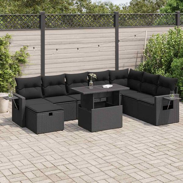 vidaXL Salon de jardin 9 pcs avec coussins noir r&eacute;sine tress&eacute;e
