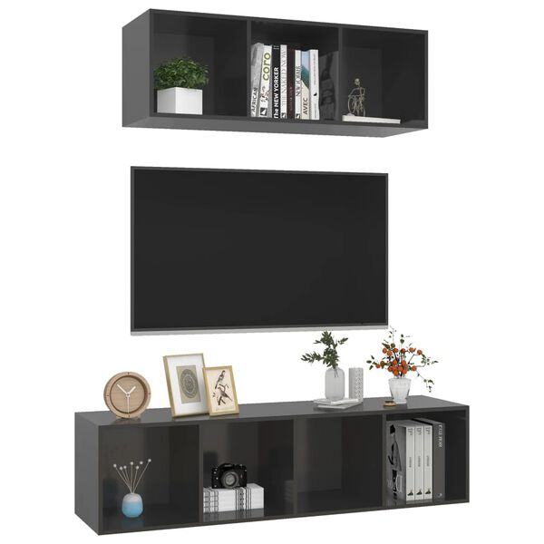 vidaXL Ensemble de meubles TV 2 pcs Gris brillant Bois d'ingénierie
