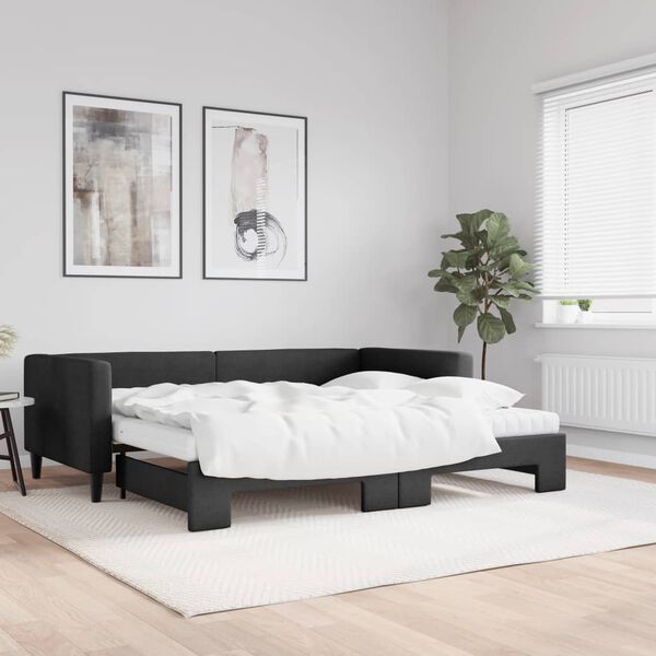 vidaXL Lit de jour avec gigogne et matelas noir 90x190 cm tissu
