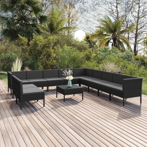 vidaXL Salon de jardin 12 pcs avec coussins r&eacute;sine tress&eacute;e noir