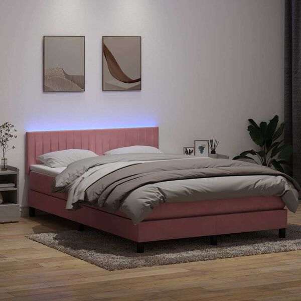 vidaXL Sommier &agrave; lattes de lit avec matelas et LED rose 160x210 cm velours