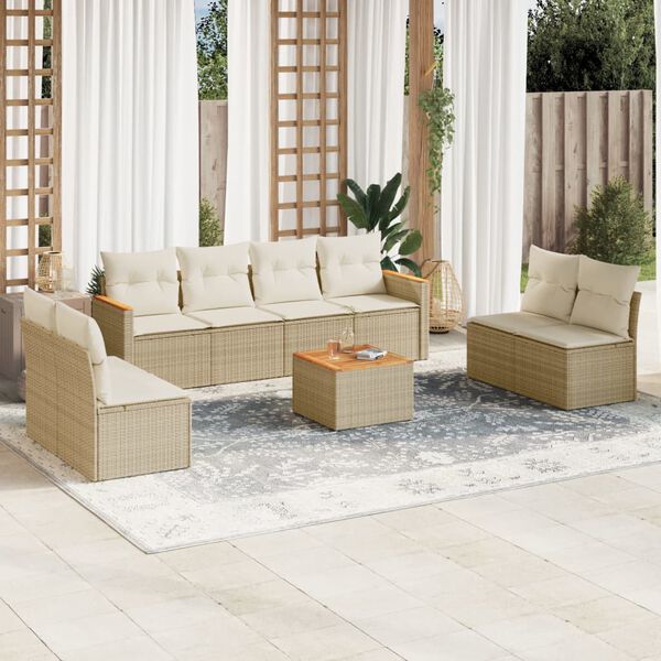 vidaXL Salon de jardin avec coussins 9 pcs beige r&eacute;sine tress&eacute;e