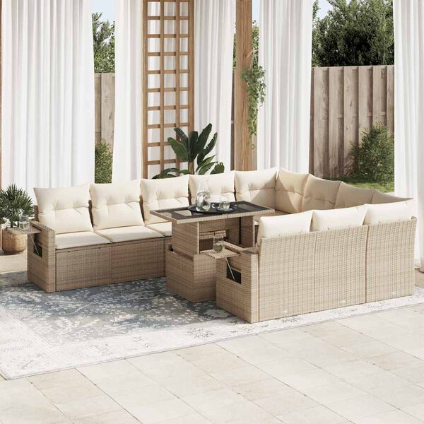 vidaXL Salon de jardin 11 pcs avec coussins beige r&eacute;sine tress&eacute;e