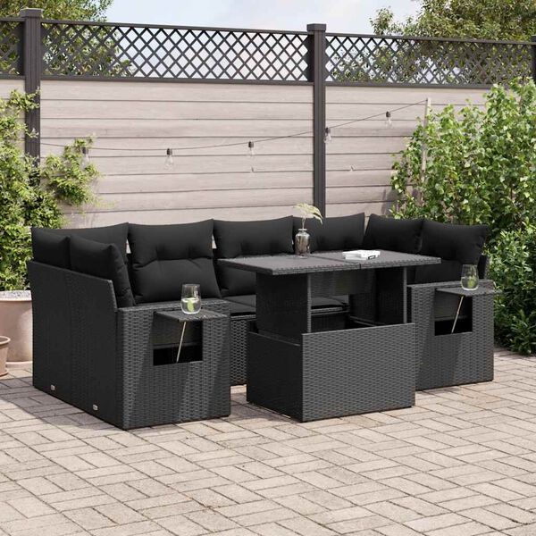 vidaXL Salon de jardin 7 pcs avec coussins noir r&eacute;sine tress&eacute;e
