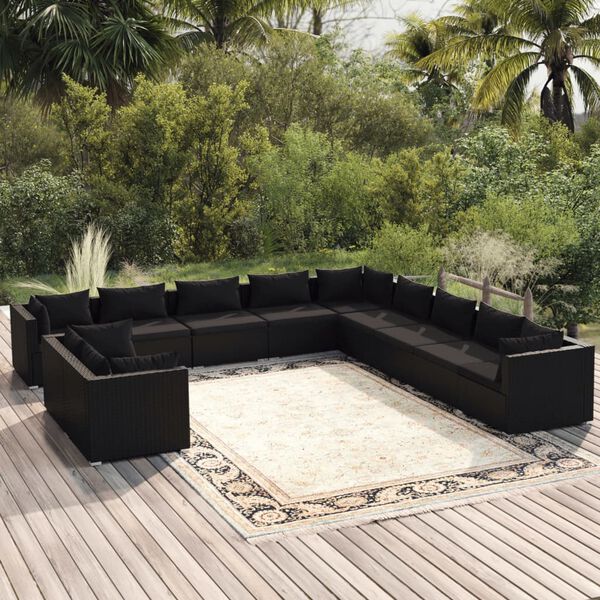vidaXL Salon de jardin 11 pcs avec coussins noir r&eacute;sine tress&eacute;e